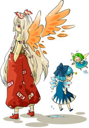 Rule 34 | 3girls, blue bow, blue hair, bow, child, cirno, daiyousei, female focus, fiery wings, fire, fujiwara no mokou, green hair, hair bow, hand in pocket, height difference, ice, ice wings, long hair, looking at viewer, looking back, mashuu masaki, melting, multiple girls, pants, side ponytail, simple background, skirt, sweat, touhou, very long hair, white background, white hair, wings