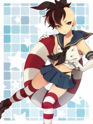 Rule 34 | 1boy, black panties, brown hair, cosplay, crossdressing, crossover, elbow gloves, fudou akio, gloves, inazuma eleven, inazuma eleven (series), innertube, kantai collection, male focus, mohawk, navel, panties, saku anna, shimakaze (kancolle), shimakaze (kancolle) (cosplay), skirt, solo, star (symbol), striped clothes, striped thighhighs, swim ring, thighhighs, trap, underwear, white gloves