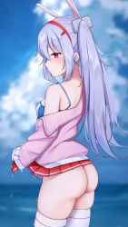 Rule 34 | 1girl, animal ears, ass, azur lane, blurry, blurry background, closed mouth, clothes lift, cloud, commentary request, day, depth of field, dripping, expressionless, from side, hair ornament, hairband, highres, jacket, laffey (azur lane), long hair, long sleeves, miniskirt, nestea, off shoulder, outdoors, pink jacket, pleated skirt, profile, purple hair, rabbit ears, red eyes, red skirt, skirt, skirt lift, solo, spaghetti strap, thighhighs, twintails, wet, wet clothes, wet skirt, white thighhighs, wringing clothes, wringing skirt