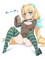 Rule 34 | 1girl, alcohol, alternate costume, angela balzac, beer, blonde hair, blue eyes, blush, breasts, can, cleavage, cleavage cutout, clothing cutout, drunk, hair ornament, headgear, lo xueming, long hair, looking at viewer, low twintails, meme attire, open-chest sweater, panties, rakuen tsuihou, solo, striped clothes, striped thighhighs, sweater, thighhighs, twintails, underwear, very long hair, white panties