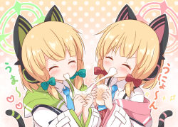 Rule 34 | 2girls, animal ear headphones, animal ears, araki495, blonde hair, blue archive, blue bow, blue necktie, blush, bow, brown background, closed eyes, closed mouth, collared shirt, commentary request, eating, fake animal ears, food, gradient background, hair bow, halo, headphones, heart, holding, holding food, hood, hood down, hooded jacket, jacket, midori (blue archive), mochi, momoi (blue archive), multiple girls, necktie, off shoulder, open clothes, open jacket, polka dot, polka dot background, red bow, shirt, siblings, sisters, tail, translation request, twins, upper body, v-shaped eyebrows, white background, white jacket, white shirt