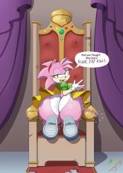 Rule 34 | 1girl, absurdres, amy rose, ass, chair, english text, from behind, furry, gloves, green eyes, hairband, hedgehog, hedgehog ears, hedgehog tail, highres, huge ass, looking back, panties, puffy sleeves, roga141, rosy the rascal, sharp teeth, shoes, short sleeves, sitting, sitting backwards, skirt, smile, solo, sonic (series), sonic the hedgehog (archie comics), spanking, spanking self, speech bubble, teeth, throne, underwear, wedgie, white gloves, white panties