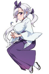 Rule 34 | 1girl, breasts, commentary request, from side, full body, hairband, hakama, huge breasts, japanese clothes, long hair, mucha (muchakai), original, ponytail, profile, purple eyes, purple hairband, purple hakama, sandals, socks, solo, steepled fingers, very long hair, white hair, white socks, wide sleeves