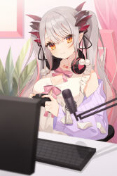 Rule 34 | 1girl, absurdres, blurry, blurry foreground, bow, breasts, cleavage, closed mouth, commentary request, controller, depth of field, dress, game controller, grey hair, headphones, headphones around neck, highres, holding, indie virtual youtuber, jacket, keyboard (computer), large breasts, long hair, long sleeves, looking at viewer, microphone, minasenagi, monitor, multicolored hair, off shoulder, official art, open clothes, open jacket, orange eyes, pink hair, puffy long sleeves, puffy sleeves, purple jacket, sleeveless, sleeveless dress, smile, solo, streaked hair, suou patra, twintails, very long hair, virtual youtuber, white bow, white dress