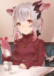Rule 34 | 1girl, nanashi inc., bad id, bad pixiv id, bag, black ribbon, blunt bangs, blush, breasts, cellphone, closed mouth, coffee cup, cone hair bun, cup, demon girl, disposable cup, double bun, hair bun, hair ornament, hair ribbon, hanarito, highres, holding, holding phone, honey strap, indoors, jewelry, large breasts, long hair, long sleeves, looking at viewer, mcdonald&#039;s, multicolored hair, necklace, phone, pink hair, pointy ears, red eyes, red hair, red sweater, ribbed sweater, ribbon, shopping bag, sidelocks, silver hair, sitting, sleeves past wrists, smartphone, solo, suou patra, sweater, table, turtleneck, turtleneck sweater, virtual youtuber