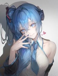 Rule 34 | 1girl, blue eyes, blue hair, blue nails, blue necktie, blue trim, breasts, collared shirt, detached sleeves, eyelashes, fingernails, hair intakes, hand on own face, hatsune miku, hatsune miku (noodle stopper), head tilt, headphones, heart, highres, kkamiiz, light, long hair, long sleeves, looking at viewer, medium breasts, nail polish, necktie, shadow, shirt, side ponytail, simple background, single bare shoulder, smile, solo, vocaloid, white background, white shirt