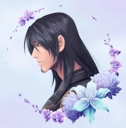 Rule 34 | 1boy, absurdres, beard, black hair, facial hair, flower, grey background, highres, lao huang, laohuangsbitch, long hair, looking down, male focus, portrait, profile, solo, xenoblade chronicles (series), xenoblade chronicles x