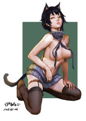Rule 34 | 1girl, 2017, absurdres, animal ears, aran sweater, artist name, backless dress, backless outfit, bare shoulders, black hair, breasts, brown theme, brown thighhighs, cable knit, cat ears, cat girl, cat tail, collarbone, dated, drawstring, dress, full body, green eyes, grey dress, grey sweater, halterneck, hand on lap, hand on leg, hand on own thigh, highres, kneeling, legwear garter, looking at viewer, medium breasts, meme attire, navel, nipples, no bra, nose, original, parted lips, pink lips, ribbed sweater, short hair, sideboob, signature, sleeveless, sleeveless turtleneck, solo, sweater, sweater dress, tail, thigh strap, thighhighs, turtleneck, turtleneck sweater, virgin killer sweater, wardrobe error, yi cat