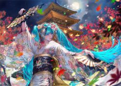 Rule 34 | 1girl, absurdres, animal print, aqua hair, architecture, arm up, autumn leaves, bird, bird print, blue eyes, blunt bangs, cloud, cloud print, cloudy sky, commentary, crane (animal), dancing, east asian architecture, egasumi, floral print, flower, full moon, gold trim, hair flower, hair ornament, hand fan, hatsune miku, highres, holding, holding fan, japanese clothes, kanzashi, kimono, leaf, lipstick, long hair, looking to the side, maeko (pixiv17012595), makeup, maple leaf, moon, night, night sky, obi, outdoors, outstretched arms, sash, sky, solo, tassel, temple, tree, twintails, upper body, very long hair, vocaloid, white kimono, wide sleeves, wing print
