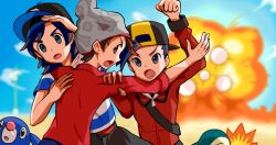Rule 34 | 3boys, arm up, backwards hat, beanie, black hair, black headwear, black pants, brown eyes, brown hair, clenched hand, commentary request, creatures (company), cyndaquil, day, elio (pokemon), ethan (pokemon), explosion, ffccll, game freak, gen 2 pokemon, gen 7 pokemon, grey eyes, grey headwear, hat, highres, jacket, male focus, multiple boys, nintendo, open mouth, outdoors, pants, pokemon, pokemon (creature), pokemon hgss, pokemon masters ex, pokemon sm, pokemon swsh, popplio, red jacket, shirt, sky, striped clothes, striped shirt, t-shirt, tongue, victor (pokemon)