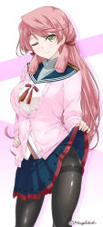 Rule 34 | 1girl, akashi (kancolle), blue skirt, blunt tresses, blush, breasts, cardigan, clothes lift, commentary request, cowboy shot, female focus, green eyes, hair ribbon, kantai collection, long hair, long sleeves, looking at viewer, mikage takashi, one eye closed, pantyhose, pink hair, pleated skirt, ribbon, sailor collar, school uniform, serafuku, shirt, simple background, skirt, skirt lift, smile, solo, thighband pantyhose, tress ribbon, twitter username, upper body