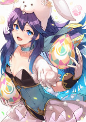 Rule 34 | 1girl, animal ears, blue eyes, blue hair, blue neckwear, blush, breasts, choker, cleavage, commentary request, easter egg, egg, fake animal ears, fire emblem, fire emblem awakening, fire emblem heroes, frilled choker, frills, gloves, gold trim, highres, leotard, long hair, lucina (fire emblem), lucina (spring) (fire emblem), microskirt, mixed-language commentary, nakabayashi zun, nintendo, official alternate costume, open mouth, pantyhose, playboy bunny, puffy short sleeves, puffy sleeves, rabbit ears, rabbit tail, short sleeves, skirt, small breasts, smile, solo, symbol in eye, tail, white gloves, white pantyhose