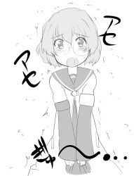 Rule 34 | 1girl, blush, clenched hands, dress, embarrassed, female focus, flat chest, flying sweatdrops, greyscale, have to pee, ikeda chitose, japanese text, layered sleeves, long sleeves, looking at viewer, monochrome, open mouth, sailor collar, saliva, school uniform, short hair, short over long sleeves, short sleeves, simple background, sketch, solo, standing, sweat, t=k, tears, translation request, trembling, white background, wide-eyed, yuru yuri
