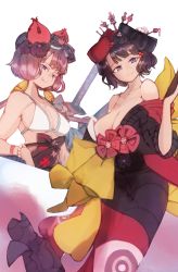 Rule 34 | 2girls, :q, bare shoulders, bikini, black kimono, breasts, cleavage, closed mouth, collarbone, commentary, dual persona, english commentary, fate/grand order, fate (series), hair ornament, japanese clothes, katana, katsushika hokusai (fate), katsushika hokusai (swimsuit saber) (fate), kimono, large breasts, looking at viewer, multiple girls, purple eyes, purple hair, sayo (sayomayos), short hair, simple background, smile, swimsuit, sword, tongue, tongue out, weapon, white background, white bikini