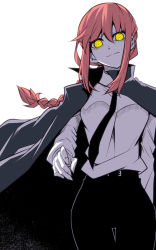 1girl, black neckwear, black pants, braid, braided ponytail, business suit, chainsaw man, commentary request, formal, hair between eyes, highres, jacket, jacket on shoulders, jin (mugenjin), looking at viewer, makima (chainsaw man), necktie, neckwear, pants, red hair, ringed eyes, shirt, sidelocks, solo, suit, white shirt, yellow eyes
