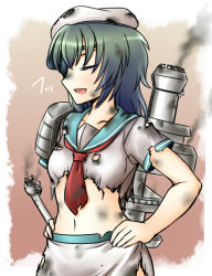 Rule 34 | 10s, 1girl, breasts, burnt clothes, chimney, collarbone, closed eyes, green hair, hands on own hips, hat, kantai collection, kiso (kancolle), midriff, navel, neckerchief, open mouth, profile, sailor hat, school uniform, serafuku, small breasts, smoke, solo, tanaka gorbachev, torn clothes