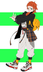 Rule 34 | 1girl, a.b.a, absurdres, backpack, bag, baggy clothes, baggy pants, bags under eyes, belt, black lips, black nails, blunt bangs, commentary, ear piercing, earrings, eyebrow piercing, fashion, full body, green eyes, guilty gear, hair over shoulder, highres, interlocked fingers, jacket, jewelry, key earrings, leather, leather jacket, lipstick, long hair, looking at viewer, loose belt, makai, makeup, nail polish, open clothes, open jacket, orange socks, pants, piercing, plaid, plug (piercing), red hair, ring, ringed eyes, shoes, sneakers, socks, solo, stretching