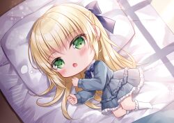 Rule 34 | 1girl, :o, blonde hair, blue bow, blue dress, blush, bow, chibi, commission, dress, frilled dress, frilled socks, frills, full body, futon, green eyes, hair bow, hands up, highres, kohinata hoshimi, layered dress, long hair, long sleeves, looking at viewer, lying, no shoes, on bed, on side, open mouth, original, pillow, puffy long sleeves, puffy sleeves, skeb commission, socks, solo, very long hair, waking up, white socks