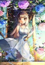 Rule 34 | 1girl, absurdres, artist name, blunt bangs, blush, brown eyes, brown hair, day, dress, flower, flower on water, highres, hishaku, hydrangea, long hair, looking at viewer, mo:oku, original, petals, pouring, reflection, ripples, sky, smile, solo, standing, summer, sundress, water, white dress