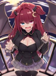 Rule 34 | 1girl, ahoge, alternate breast size, black thighhighs, blue eyes, blush, breasts, capelet, cleavage, commentary, crescent, crescent hair ornament, demon girl, demon horns, demon wings, dress, fang, fisheye, grey skirt, hair ornament, heterochromia, highres, horns, long hair, looking at viewer, miniskirt, moon, night, nijisanji, open mouth, outdoors, red eyes, red hair, skirt, smile, thighhighs, two side up, utsusumi kio, virtual youtuber, wings, yuzuki roa, zettai ryouiki