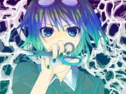 Rule 34 | 1girl, bad id, bad pixiv id, colorized, goggles, goggles on head, gumi, mosaic roll (vocaloid), onigiri tabeyou, scissors, solo, vocaloid