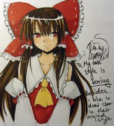 Rule 34 | 1girl, artist self-insert, bare shoulders, bow, brown hair, chibi, chibi inset, detached sleeves, english text, female focus, hair bow, hair tubes, hakurei reimu, japanese clothes, long hair, miko, non-web source, red eyes, scan, smile, solo, text focus, touhou, traditional media, tusia