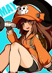 Rule 34 | 1girl, :d, anchor, backpack, bag, bike shorts, black gloves, blush, bright pupils, brown eyes, brown hair, character name, collarbone, fingerless gloves, gloves, guilty gear, guilty gear strive, hat, highres, holding, holding anchor, hood, hoodie, long hair, looking at viewer, may (guilty gear), open mouth, orange hat, orange hoodie, pirate, pirate hat, sitting, skull and crossbones, smile, solo, thighs, yomura (yohann48)