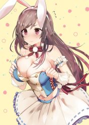 Rule 34 | 1girl, adjusting clothes, animal ears, arm cuffs, bare shoulders, blush, breasts, brown hair, cleavage, cowboy shot, crop top, embarrassed, fake animal ears, female focus, frilled skirt, frills, highres, idol, idolmaster, idolmaster shiny colors, large breasts, long hair, navel, rabbit ears, simple background, skirt, solo, sweat, tetsubuta, tsukioka kogane, wrist cuffs, yellow background