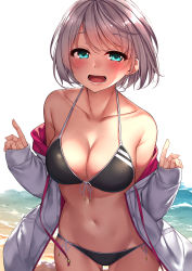 Rule 34 | 1girl, :d, absurdres, aqua eyes, bare shoulders, beach, bikini, black bikini, blush, breasts, cleavage, collarbone, cowboy shot, front-tie bikini top, front-tie top, halterneck, halterneck, hands up, highres, jacket, large breasts, long sleeves, looking at viewer, navel, off shoulder, open clothes, open jacket, open mouth, original, rerrere, short hair, side-tie bikini bottom, sidelocks, silver hair, smile, solo, standing, swimsuit, water, white background, white jacket