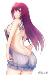 Rule 34 | 1girl, ass, back, backless dress, backless outfit, bare back, bare shoulders, breasts, butt crack, cowboy shot, dress, fal (fal-se-0), fate/grand order, fate (series), halterneck, huge breasts, long hair, looking at viewer, meme attire, naked sweater, purple eyes, purple hair, scathach (fate), sideboob, simple background, smile, solo, sweater, sweater dress, virgin killer sweater, white background