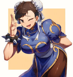 Rule 34 | 1girl, arm behind back, black pantyhose, blue dress, bracelet, breasts, brown eyes, brown hair, bun cover, capcom, china dress, chinese clothes, chun-li, double bun, dress, earrings, hair bun, highres, jewelry, kuroi susumu, large breasts, leaning forward, one eye closed, pantyhose, pelvic curtain, puffy short sleeves, puffy sleeves, short hair, short sleeves, smile, solo, spiked bracelet, spikes, street fighter