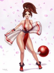 Rule 34 | 1girl, armpits, bare shoulders, breasts, brown eyes, brown hair, cleavage, fatal fury, fingerless gloves, gloves, hand fan, hip focus, hybridmink, large breasts, lips, long hair, midriff, no bra, panties, ponytail, shiranui mai, side slit, smile, snk, solo, teeth, the king of fighters, underwear, wide hips