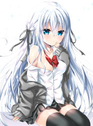 Rule 34 | 1girl, black ribbon, black skirt, black thighhighs, blue eyes, blush, bow, bowtie, breasts, cardigan, collarbone, collared shirt, commentary request, covered erect nipples, dress shirt, grey cardigan, hair between eyes, hair censor, hair over breasts, hair over one breast, hair ribbon, hand up, long hair, long sleeves, medium breasts, no bra, open cardigan, open clothes, open shirt, original, pleated skirt, red bow, red bowtie, ribbon, shirt, silver hair, sitting, skirt, sleeves past wrists, solo, thighhighs, uchuuneko, very long hair, white shirt