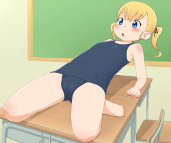 Rule 34 | 1girl, :o, barefoot, blonde hair, child, classroom, copyright request, desk, eyebrows, feet, flat chest, full body, gluteal fold, hair ornament, hair ribbon, one-piece swimsuit, open mouth, ribbon, school, school desk, shiny skin, solo, swimsuit, tomboo, twintails