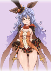 Rule 34 | 10s, 1girl, animal ears, black gloves, blue hair, breasts, cape, clothes lift, erune, ferry (granblue fantasy), ferry (halloween) (granblue fantasy), gloves, gradient background, granblue fantasy, halloween, hat, long hair, looking at viewer, no panties, purple background, rabbit ears, skirt, skirt lift, small breasts, solo, thomasz, yellow eyes