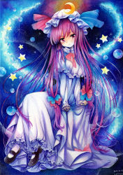 Rule 34 | 1girl, crescent, dress, hat, highres, long hair, marker (medium), mary janes, mosho, painting (medium), patchouli knowledge, purple eyes, purple hair, shoes, solo, star (symbol), touhou, traditional media, very long hair, watercolor (medium)
