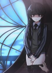 Rule 34 | 1girl, addams family, animification, black eyes, black hair, black necktie, braid, brown vest, closed mouth, clothes pull, collared shirt, drill hair, grey shirt, hands on own crotch, highres, indoors, jacket, long hair, long sleeves, looking at viewer, mame rakko, necktie, open clothes, open jacket, pants, pants pull, pussy juice, scar, shirt, striped clothes, striped jacket, sweat, thing (addams family), twin braids, twin drills, twintails, vest, wednesday (netflix), wednesday addams