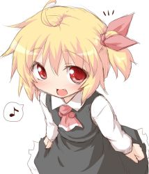 Rule 34 | 1girl, :d, ahoge, ascot, blonde hair, blush, clenched hands, fang, female focus, hair ribbon, looking at viewer, musical note, natsu no koucha, open mouth, quaver, red eyes, ribbon, rumia, simple background, sketch, smile, solo, speech bubble, spoken musical note, touhou, white background