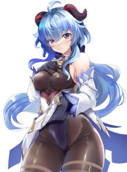 Rule 34 | 1girl, ahoge, bare shoulders, black gloves, blue hair, blush, bodysuit, breasts, commentary request, covered erect nipples, cowboy shot, detached sleeves, ganyu (genshin impact), genshin impact, gloves, goat horns, hand on own chest, highres, hinata sora, horns, large breasts, long hair, long sleeves, looking at viewer, neck bell, parted lips, pelvic curtain, purple eyes, simple background, solo, very long hair, white background