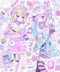Rule 34 | 2boys, alarm clock, bandaid, bandaid hair ornament, bandaid on knee, bandaid on leg, battery indicator, black thighhighs, blonde hair, blue bow, blue flower, bow, candy, capelet, carrot, cellphone, clock, closed mouth, coffee mug, crescent moon, crossdressing, crossed bandaids, cup, expressionless, facepaint, flower, food, fork, frilled capelet, frilled jacket, frilled shorts, frills, fruit, hair bow, hair ornament, hairband, hairclip, hand in own hair, handheld game console, heart, heart-shaped pillow, heart hair ornament, highres, hiro 0607, holding, holding flower, holding stuffed toy, jacket, lolita fashion, lolita hairband, lollipop, long hair, magazine (object), male focus, mask, mask on head, mirror, moon, mug, multiple boys, nintendo ds, one eye closed, open clothes, open jacket, original, pale skin, phone, pill, pillow, pink bow, pink flower, pink hair, pink ribbon, pink shorts, pink theme, pink thighhighs, pink track suit, plate, purple thighhighs, ribbon, short hair, short twintails, shorts, sleep mask, smartphone, sparkle, star (symbol), star hair ornament, strawberry, striped clothes, striped thighhighs, stuffed toy, thighhighs, track jacket, track suit, trap, twintails, unicorn, unicorn mask, white capelet, x hair ornament, yume kawaii, zipper