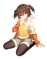 Rule 34 | 1girl, absurdres, asymmetrical docking, black thighhighs, blue eyes, borrowed character, bow, breast press, brown hair, character request, commentary request, highres, looking at viewer, original, short hair, shorts, simple background, sitting, sky-freedom, sky (sky-freedom), solo, symmetrical docking, thighhighs, two side up