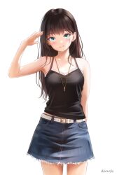 Rule 34 | 1girl, aqua eyes, arm at side, arm up, bare arms, bare shoulders, belt, black camisole, blue skirt, blush, brown hair, camisole, closed mouth, cowboy shot, denim, denim skirt, hand to head, head tilt, highres, jewelry, long hair, looking at viewer, midriff peek, miniskirt, necklace, original, sidelighting, simple background, skirt, solo, standing, straight-on, straight hair, white background, white belt, yuluvine