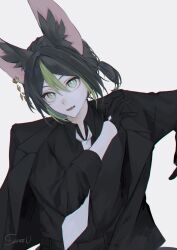 Rule 34 | 1boy, alternate hairstyle, animal ear fluff, animal ears, artist name, black gloves, black hair, black jacket, black shirt, collared shirt, commentary request, dress shirt, fox ears, genshin impact, gloves, green eyes, green hair, hair between eyes, hair intakes, half gloves, hand up, highres, jacket, lapels, long sleeves, looking at viewer, male focus, marota 0, multicolored hair, necktie, open clothes, open jacket, open mouth, ponytail, shirt, short hair, short ponytail, sidelocks, signature, simple background, solo, streaked hair, teeth, tighnari (genshin impact), upper body, white background, white necktie, wing collar