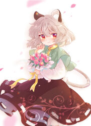 Rule 34 | 1girl, animal ear fluff, animal ears, biyon, black skirt, blush, bouquet, capelet, closed mouth, flower, grey capelet, grey hair, hair between eyes, holding, holding bouquet, long sleeves, mouse ears, mouse tail, nazrin, petals, pink flower, red eyes, shirt, short hair, skirt, smile, solo, tail, touhou, white shirt