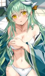 Rule 34 | 1girl, bare shoulders, blush, bow, bow panties, bra, breasts, cleavage, collarbone, dragon girl, dragon horns, fate/grand order, fate (series), green hair, highres, horns, japanese clothes, kiyohime (fate), large breasts, long hair, looking at viewer, morizono shiki, navel, off shoulder, panties, parted lips, underwear, white bra, white panties, yellow eyes