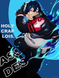 Rule 34 | 1boy, absurdres, armband, black gloves, blue eyes, blue hair, blue jacket, blue pants, cleft chin, cosplay, double chin, eye trail, family guy, fat, fat man, gloves, gun, hair over one eye, handgun, headphones, highres, holding, holding gun, holding weapon, jacket, kowai (iamkowai), light trail, male focus, pants, persona, persona 3, persona 3 reload, peter griffin, red armband, s.e.e.s, shirt, short hair, solo, weapon, white shirt, yuuki makoto (cosplay), yuuki makoto (persona 3)