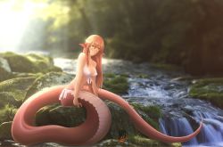 Rule 34 | 1girl, anna o renko, bare shoulders, blush, bra, breasts, censored, cropped, day, forest, hair between eyes, hair ornament, hairclip, lamia, landscape, lips, long hair, looking at viewer, miia (monster musume), monster girl, monster musume no iru nichijou, moss, nature, navel, outdoors, panties, photo (medium), photo background, plant, pointy ears, red hair, rock, safe mode, scales, scenery, sitting, sitting on object, sitting on rock, slit pupils, snake tail, solo, sunlight, tail, underwear, water, waterfall, watermark, yellow eyes