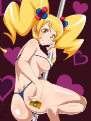 Rule 34 | 10s, 1girl, ass, bikini, blonde hair, breasts, covered erect nipples, cure honey, cure honey (popcorn cheer), happinesscharge precure!, heart, heart background, jabara tornado, long hair, looking at viewer, looking back, oomori yuuko, pole, pole dancing, precure, shiny skin, skindentation, smile, solo, stripper pole, swimsuit, thong, thong bikini, twintails, yellow eyes