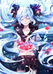 Rule 34 | 1girl, blue hair, bottle miku, bow, bubble, closed eyes, cupping hands, fish, floating hair, hair bow, hatsune miku, heart, highres, long hair, midriff, navel, own hands together, school uniform, serafuku, skirt, solo, squchan, underwater, very long hair, vocaloid, water