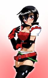 Rule 34 | 1girl, belt, black eyes, black hair, blush, boots, breasts, choker, cleavage, elbow gloves, gloves, lips, looking at viewer, medium breasts, midriff, navel, rutee katrea, short hair, short shorts, shorts, solo, tales of (series), tales of destiny, thigh boots